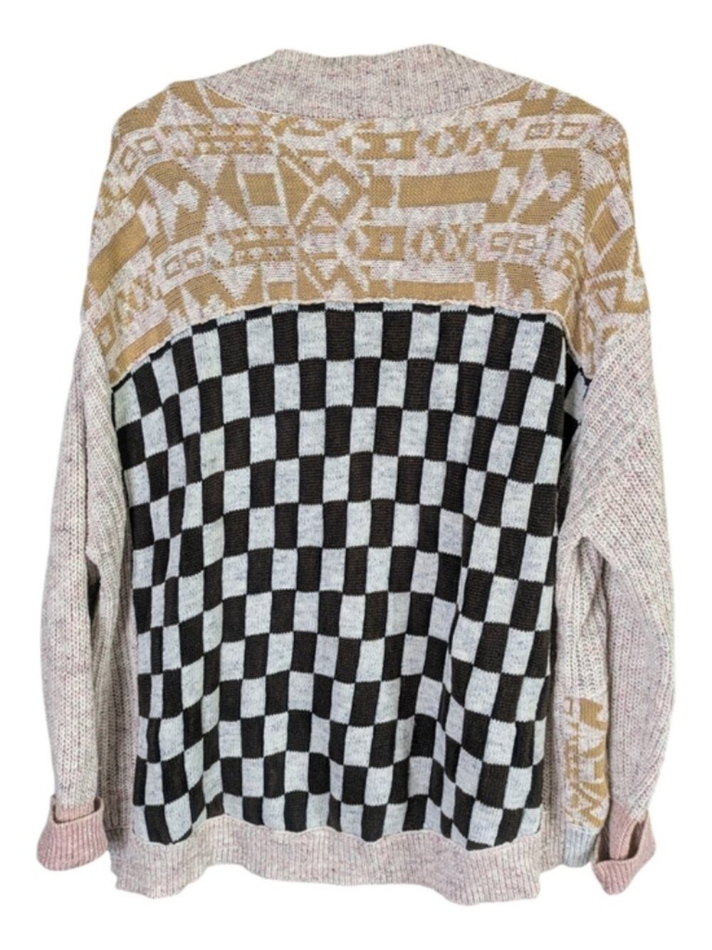 Pilcro Multicolor Patchwork Checker Knit Cardigan in Tan, Black, Cream, Pink - Picture 2 of 8